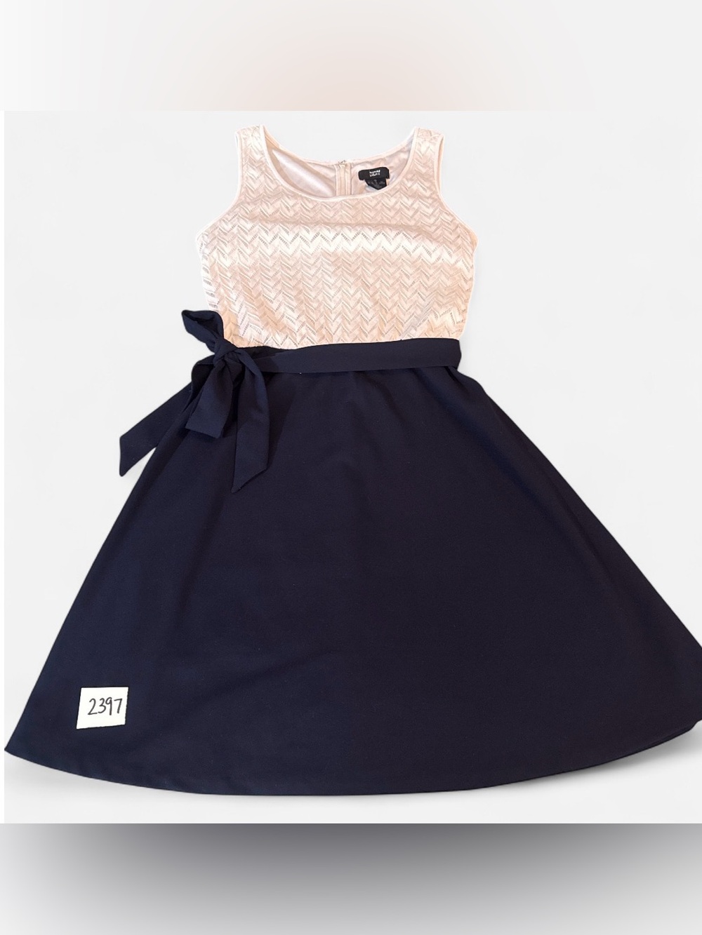 DKNY White Lace Bodice Navy A-Line Dress with Side Bow